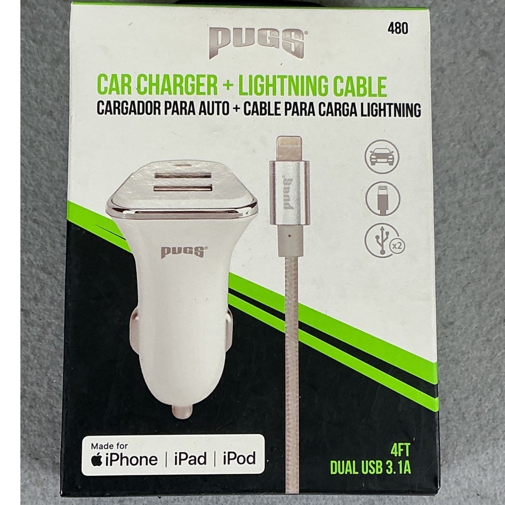 Pugs Dual USB‎ Car Charger w/ Lightning Cable 4FT For iPhone iPad New